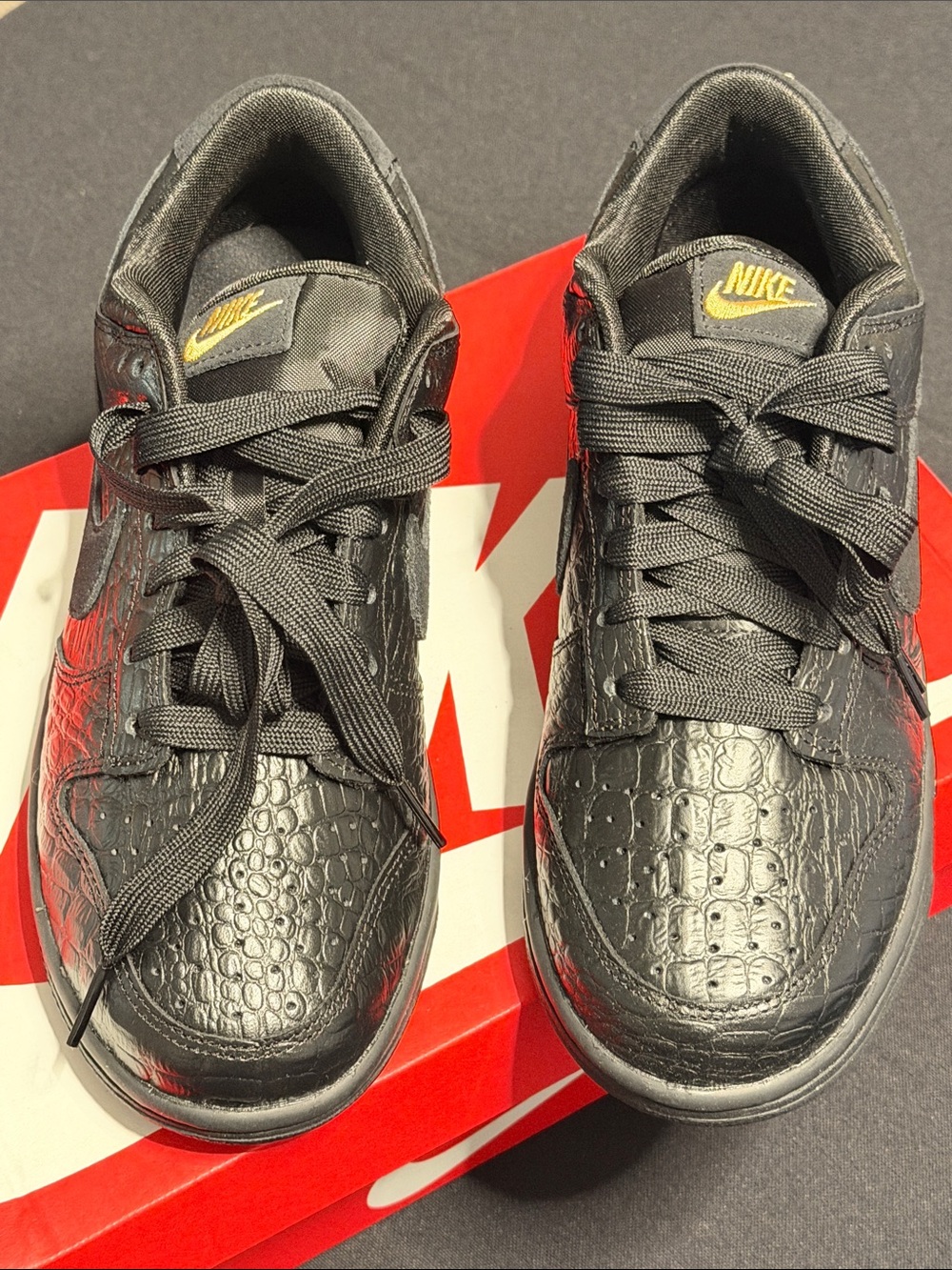 Nike Black Croc-Embossed Low Top Sneakers with Gold Logo